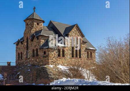 Kapelle der Heiligen Katharina auf dem Felsen. Kirche in den Rocky Mountains. Allenspark, Colorado. Stockfoto