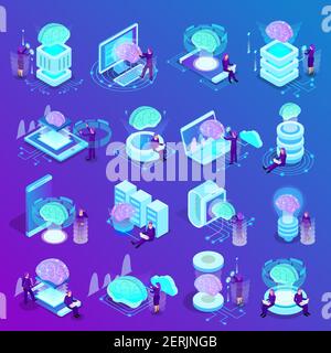 Künstliche Intelligenz isometrische Symbole Set von Glühen Gehirn Smart Uhren Cloud Computing Maschine Programmierung Vektor Illustration Stock Vektor