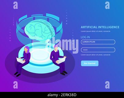 Künstliche Intelligenz isometrischer Hintergrund im Landing-Page-Format mit glühenden Bild von Gehirn Layout Vektor Illustration Stock Vektor
