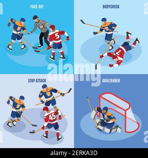 Hockey Concept 4 isometrische Kompositionen mit Verteidigung Spieler stoppen vorwärts Attack face off und Torhüter Vektor-Illustration Stock Vektor