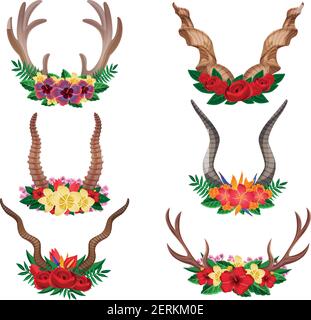 Wilde Tiere lieben Berg Ziege Elch ornamental floral Hörner Set Dekoriert mit Blumenarrangements isoliert Vektor-Illustration Stock Vektor