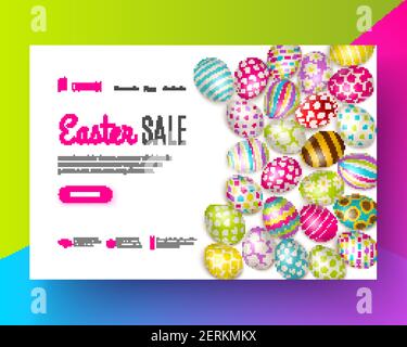 Osterverkauf Banner mit verschiedenen bemalten Eiern auf bunten dekoriert Hintergrund realistische Vektordarstellung Stock Vektor