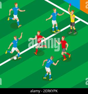 Fußballspiel isometrische Zusammensetzung mit Spielern in Form von Wettbewerb Teams und Schiedsrichter zeigen rote Karte Vektor-Illustration Stock Vektor