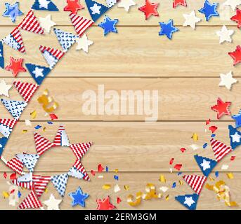 Unabhängigkeitstag feiert Design-Komposition mit nationalen Fahnen Konfetti Sterne Serpentin auf Holzhintergrund realistische Vektordarstellung Stock Vektor