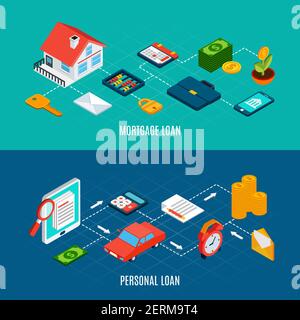Satz von zwei horizontalen Darlehen isometrische Banner mit Symbolen von Private Eigentum Dokumente und Geld Münzen Vektor Illustration Stock Vektor