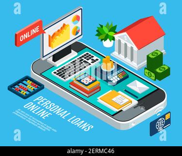 Darlehen isometrische Hintergrund Zusammensetzung mit Mobile-Banking-Symbole und Dokumente auf Smartphone-Bildschirm Vektordarstellung Stock Vektor