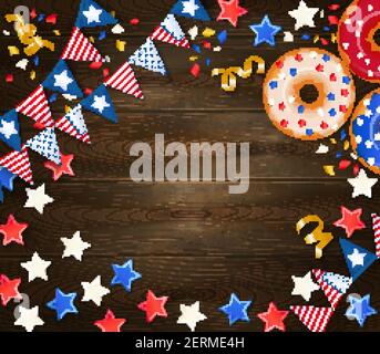 Unabhängigkeitstag festliche hölzerne Hintergrund mit Girlanden von Nationalflaggen Konfetti Sterne und Gebäck realistische Vektor-Illustration Stock Vektor