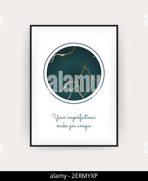Poster mit goldenen Kintsugi auf dunkelgrünem Hintergrund. Risse und zerbrochene Effekte. Marmorstruktur. Luxus-Design für Wandkunst, Tapete, Hochzeitskarte Stock Vektor