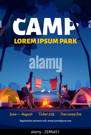 Sommercamp im Naturpark Poster. Vektor-Flyer mit Cartoon-Landschaft von Fluss, Wald, Zelte und Menschen Braten Marshmallows auf Feuer. Camping Banner mit Lagerfeuer am Seeufer Stock Vektor