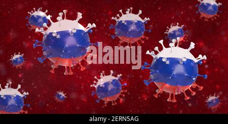 Globale Gesundheitskrise in Covid-19 und Impfkonzept: 3D gerenderte Coronavirus-Zellen mit russischer Flagge, die im Blut flossen. National Stockfoto