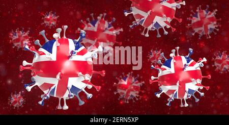 Globale Gesundheitskrise in Covid-19 und Impfkonzept: 3D gerenderte Coronavirus-Zellen mit British Union Jack Flagge schwimmenden Blutkreislauf Hintergrund Stockfoto