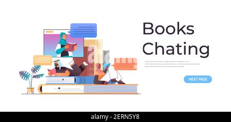 arabische Schüler lesen und chatten Bücher mit weiblichen arabischen Lehrer Im Web-Browser-Fenster Online-Buch Club Konzept horizontale Kopie Vektordarstellung für den Raum Stock Vektor