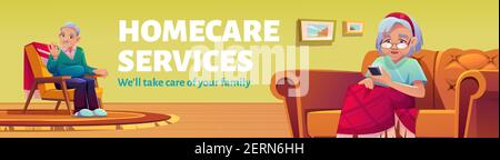 Plakat für Homecare-Dienstleistungen. Sozialdienst für Hilfe und Pflege alter Patienten zu Hause. Vektor-Flyer mit Cartoon-Illustration von älteren Mann im Sessel sitzen und Frau mit Handy auf Sofa Stock Vektor