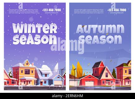 Plakate für Herbst- und Wintersaison. Wetter Besonderheiten im Vorort Bezirk mit Wohnhäusern. Vektor-Cartoon-Illustrationen von Hütten mit Schnee und Straße mit Regen und gelben Bäumen Stock Vektor