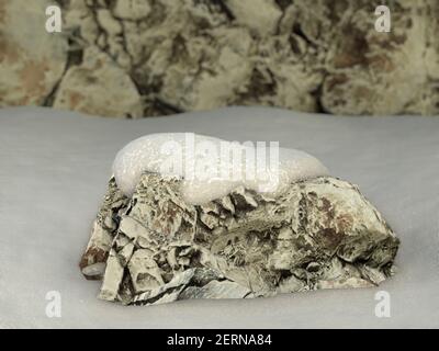 Stein mit Schnee bedeckt in der Wintersaison Hintergrund für Produktwerbung. Rohling Rock Ständer für die Produktvorzeige. 3D Rendern von Bildern Stockfoto