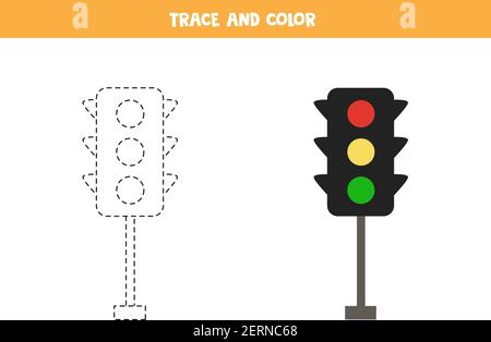 Trace und Farbe Cartoon Ampeln. Lernspiel für Kinder. Schreiben und Färbung Praxis. Stock Vektor