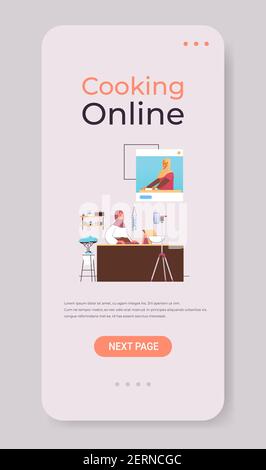 arabische Frau Lebensmittel Blogger Vorbereitung Gericht während der Wiedergabe Video-Tutorial Mit arabischem Koch im Web-Browser-Fenster online Kochstunde Konzept vertikale Kopie Raum Vektor-Illustration Stock Vektor
