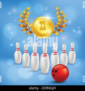 Bowling Sieg 3D Komposition goldene Medaille mit Lorbeeren Pins und Kugel auf verschwommenem blauen Hintergrund Vektorgrafik Stock Vektor