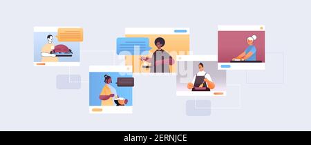 Set Mix Race Food Blogger Vorbereitung Gerichte Köche im Web Browser-Fenster online Kochkurs Konzept Portrait horizontale Vektor-Illustration Stock Vektor