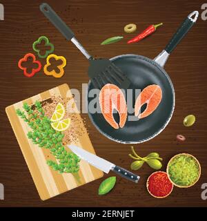 Realistisches Küchengeschirr von oben mit Lachs Gewürzen und Gemüse Auf Holzstruktur Hintergrund Vektor Illustration Stock Vektor