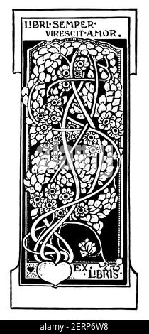 Lateinisches Motto-Bücherregal mit Blumen- und Vogelmotiv Jugendstil-Motiv, von der britischen Kinderbuchillustratorin und Designerin Ethel Larcombe von Exeter, aus Stockfoto