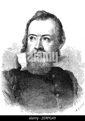 Galileo Galilei, 15. Februar 1564 - 8. Januar 1642, war ein italienischer Universalgelehrter. Er war Philosoph, Physiker, Mathematiker, Ingenieur, Astronom und Stockfoto