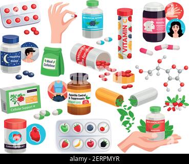 Biologische aktive Zusatzstoffe Set von Beauty-Vitamine Appetitzügler Cardio Unterstützung antioxidative Pillen isoliert Vektor Illustration Stock Vektor