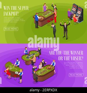Casino 2 horizontale isometrische grün lila Hintergrund Banner mit gesetzt Roulette Jackpot Gewinner Verlierer isoliert Vektor-Illustration Stock Vektor