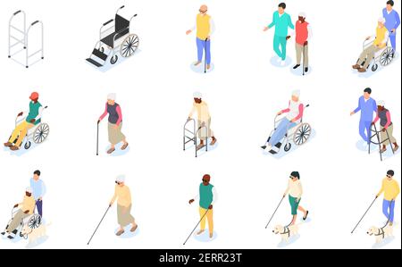 Eine Gruppe von Erwachsenen mit Behinderungen unterschiedlichen Alters. Pflege für ältere Menschen. Isometrische Darstellung des flachen Vektorgrafikes. Stock Vektor