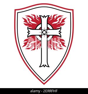 Ritterdesign. Kreuzritter Schild mit flammendem Kreuz Stock Vektor
