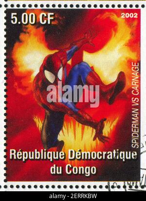 KONGO - UM 2002: Briefmarke gedruckt von Kongo, zeigt Spider-man, um 2002 Stockfoto