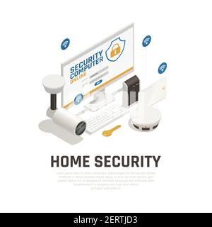 Home Security Design-Konzept mit Videoüberwachungssystem und Feuer Alarm arbeitet online durch WiFi-Service isometrische Vektor-Illustration Stock Vektor