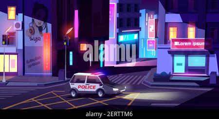 Nachtpolizei Patrouille Abteilung Auto mit Signalisierung Reiten leere Stadt Straße mit Gebäuden, glühenden Neon Schilder, Straße Crosswalk und Ampeln. Offizier Polizist Job Cartoon Vektor Illustration Stock Vektor