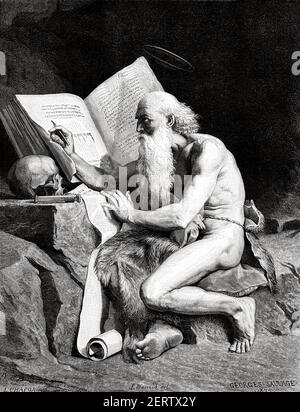 St. Jerome Lesung in der Wüste, Stich aus dem Gemälde von Georges Sauvage. Alte 19th Jahrhundert gravierte Illustration, El Mundo Ilustrado 1881 Stockfoto