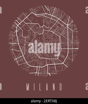 Mailänder Kartenposter. Dekoratives Design Stadtplan von Mailand Stadt. Stadtbild ARIA Panorama Silhouette Luftbild, Typografie Stil. Land, Fluss, Autobahnen, Stock Vektor