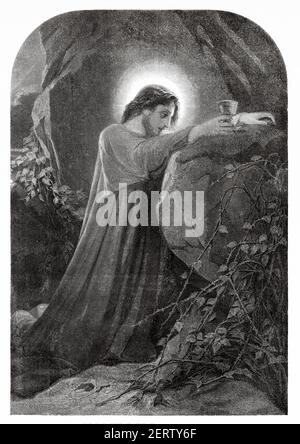 Agonie im Garten. Unser Herr Jesus betet in Getsemani auf dem Ölberg. Matthäus Buch, Neues Testament Heilige biblische Geschichte. Alte 19th Jahrhundert gravierte Illustration, El Mundo Ilustrado 1881 Stockfoto