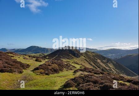 Der Blick über die Stretton Hills aus der Nähe der Devil's Mouth auf der Long Mynd, Church Stretton, Shropshire Stockfoto