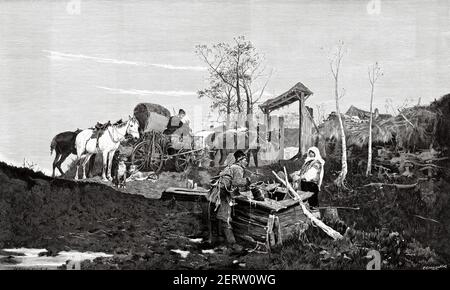 Ein russisches Dorf in der südlichen landwirtschaftlichen Zone, Russland im XIX Jahrhundert. Alte 19th Jahrhundert gravierte Illustration, El Mundo Ilustrado 1881 Stockfoto