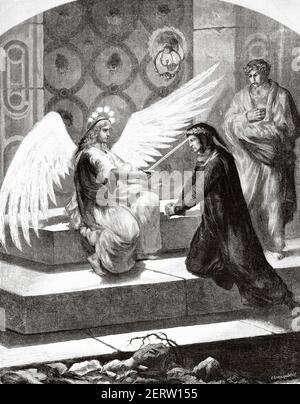 Eintritt zum Fegefeuer. Zweiter der drei Lieder der Göttlichen Komödie von Dante Alighieri. Alte 19th Jahrhundert gravierte Illustration, El Mundo Ilustrado 1881 Stockfoto