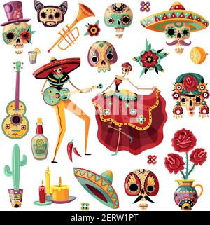 Mexikanischer Feiertag Tag der Toten, ethnische Musik und Tanz, dekorative Masken, Kerzen, Blumen, isolierte Vektor-Illustration Stock Vektor