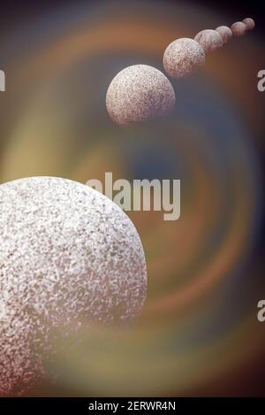 Steinkugeln simulieren Planeten des Universums in der platziert Form der Milchstraße Stockfoto