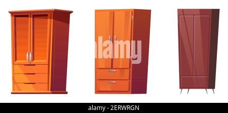 Holzschränke, Schränke für Schlafzimmer innen isoliert auf weißem Hintergrund. Vector Cartoon Satz von braunen Schränken für Kleidung und Schuhe Lagerung, Holz Lagerung Möbel mit Türen und Schubladen Stock Vektor