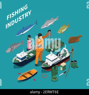 Isometrisches Fischereikonzept mit Symbolen der Fischereiindustrie auf blauem Hintergrund vektorgrafik Stock Vektor