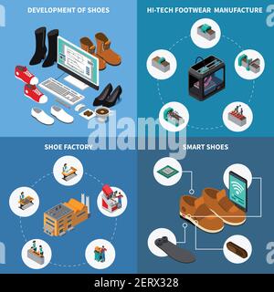 Schuhwerk isometrische Konzept Symbole mit intelligenten Schuhe Symbole gesetzt Isolierte Vektordarstellung Stock Vektor