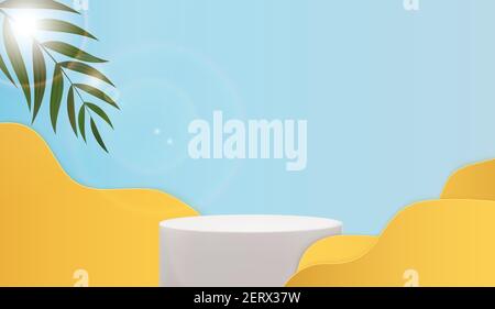 3D realistischer Sommerhintergrund mit Podium und Palmblättern. Design-Vorlage für Mode Kosmetik Produkt. Vektorgrafik Stock Vektor