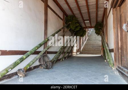 Bambusbäume am Nigatsudo in Todaiji Tempel, verwendet in der Otaimatsu Feuerzeremonie, Teil der Omizutori Zeremonie im März jedes Jahres Stockfoto