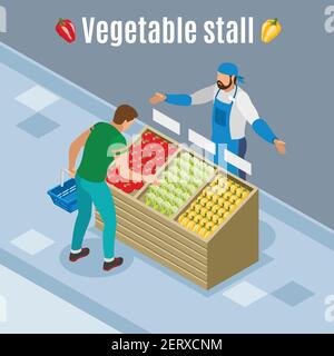 Kunde mit Korb während des Gemüses Kauf isometrischen Hintergrund mit Tomaten, Paprika, Blumenkohl auf Holzstall Vektor-Illustration Stock Vektor