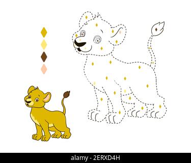 Coloring book by numbers, by color for kids, little lion, dotted line. Vector illustration in cartoon style, isolated line art Stock Vektor