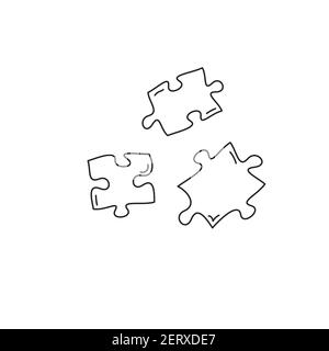 Drei Puzzle handgezeichnete Stücke, Cartoon-Puzzle fallen Stücke, lineare schwarz-weiß-Symbol, handgezeichnete Skizze Stil. Vektorgrafik „Stock“ Stock Vektor