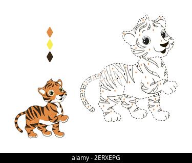 Malbuch nach Zahlen, nach Farbe, kleiner Tiger. Für die Kleinen Vektor-Illustration im Cartoon-Stil, gepunktete Linie, isolierte Linie Kunst für childre Stock Vektor